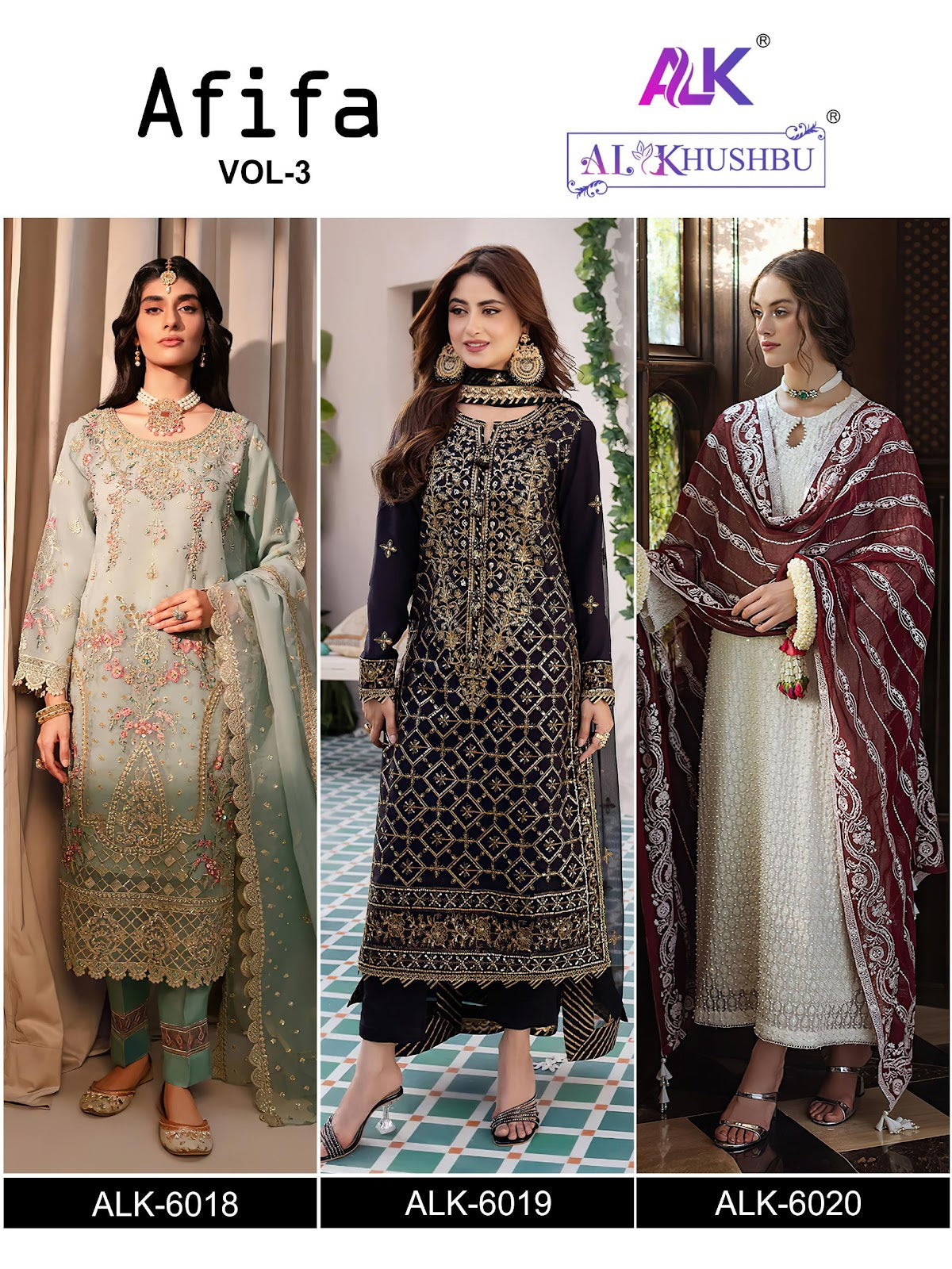 Afifa Vol 3 6018-6020 Alk Georgette Pakistani Salwar Suits Wholesale Rate