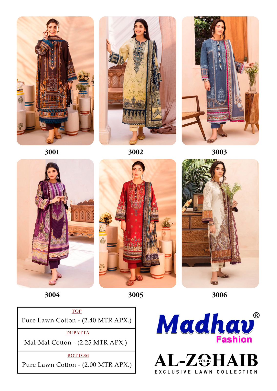 Al-Zohaib Vol 3 Madhav Fashion Lawn Cotton Karachi Salwar Suits Supplier India