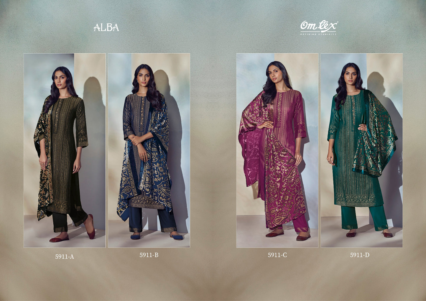 Alba 5911 Omtex Jacquard Pashmina Suits Supplier Gujarat