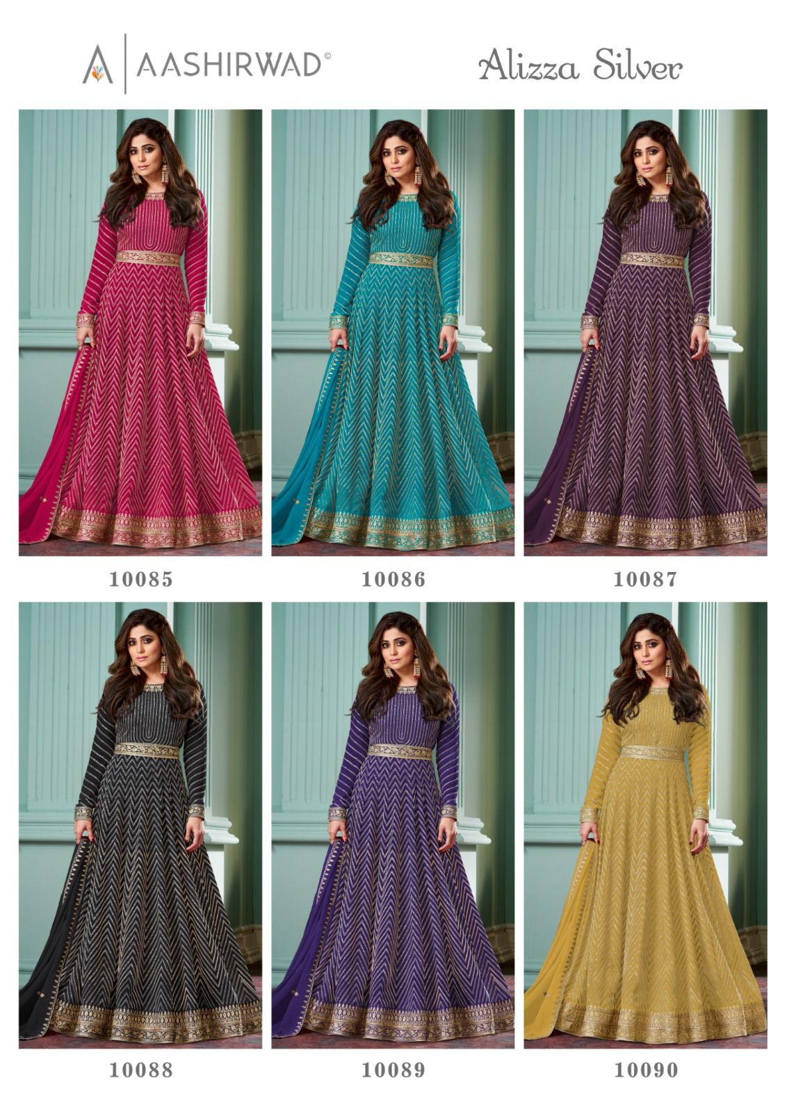 Alizza Silver Aashirwad Creation Georgette Gown Dupatta Set Supplier Gujarat