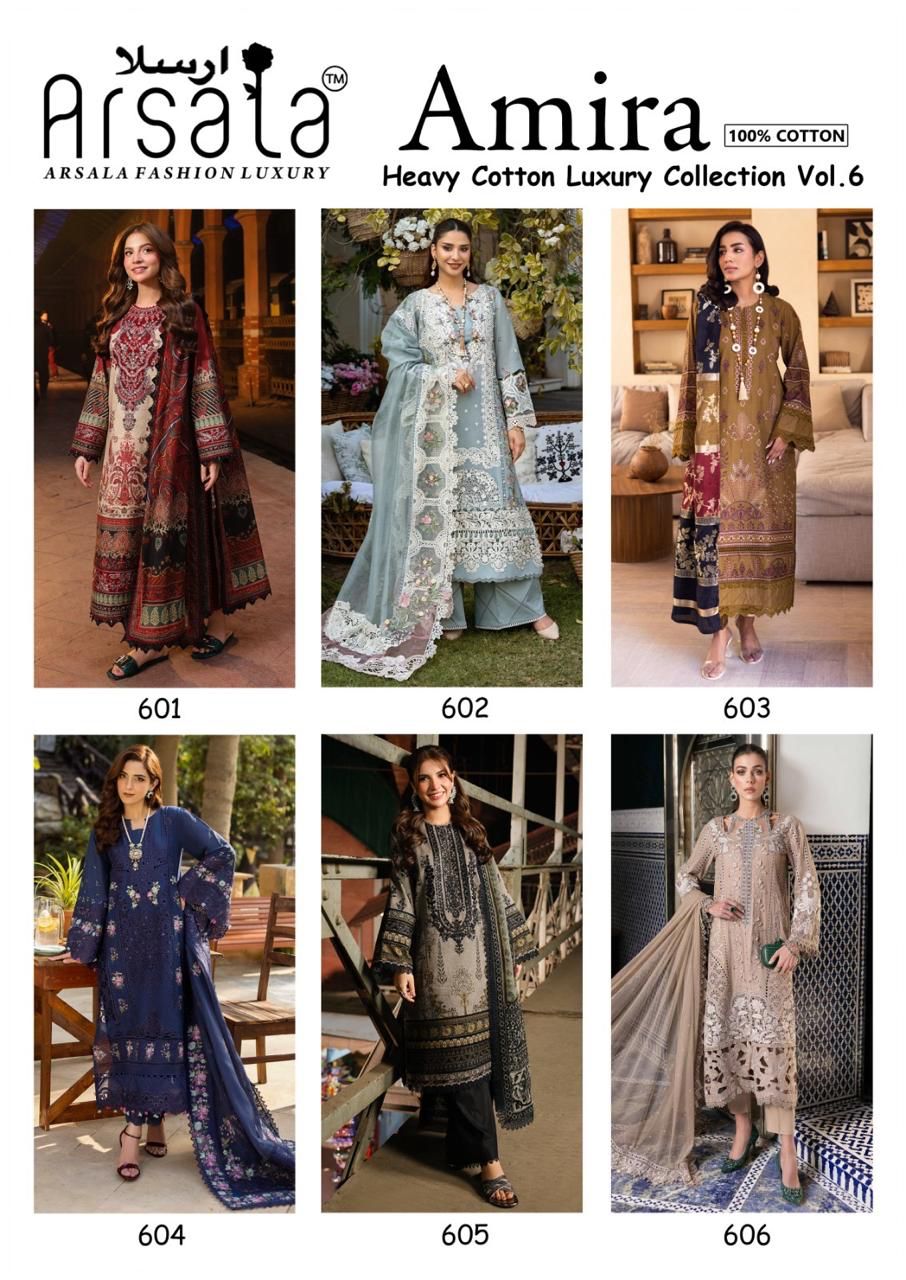 Amira Vol 6 Heavy Cotton Luxury Collection Arsala Fashion Heavy Lawn Karachi Salwar Suits Wholesale Price