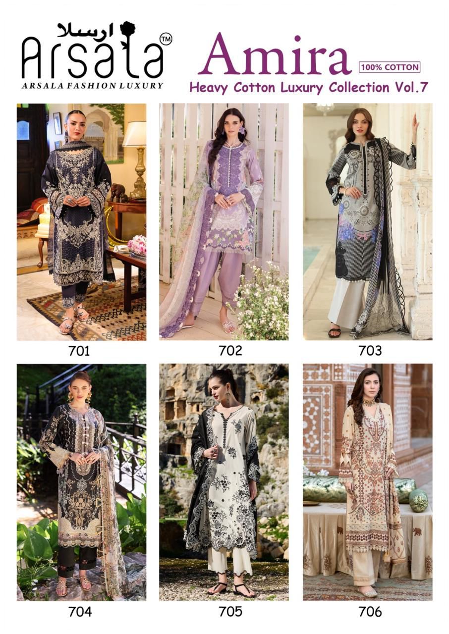 Amira Vol 7 Heavy Cotton Luxury Collection Arsala Fashion Lawn Karachi Salwar Suits Supplier Ahmedabad