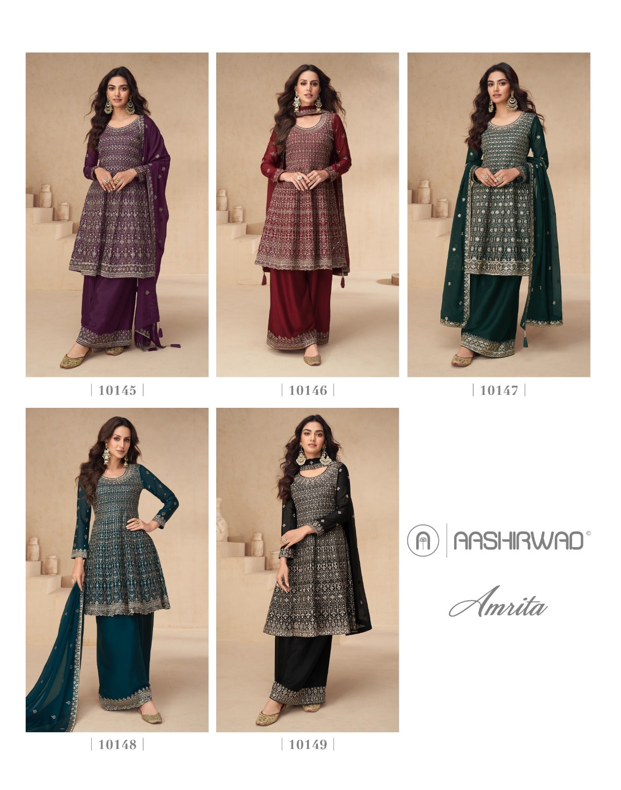 Amrita Aashirwad Creation Chinon Silk Readymade Plazzo Style Suits Wholesaler Ahmedabad