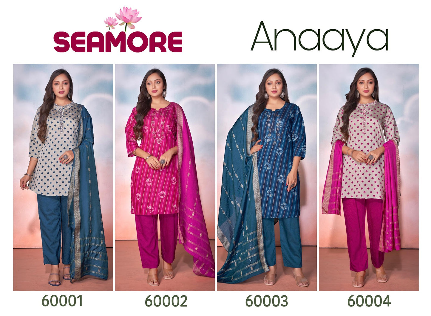 Anaaya Seamore Roman Silk Readymade Pant Style Suits Manufacturer Ahmedabad