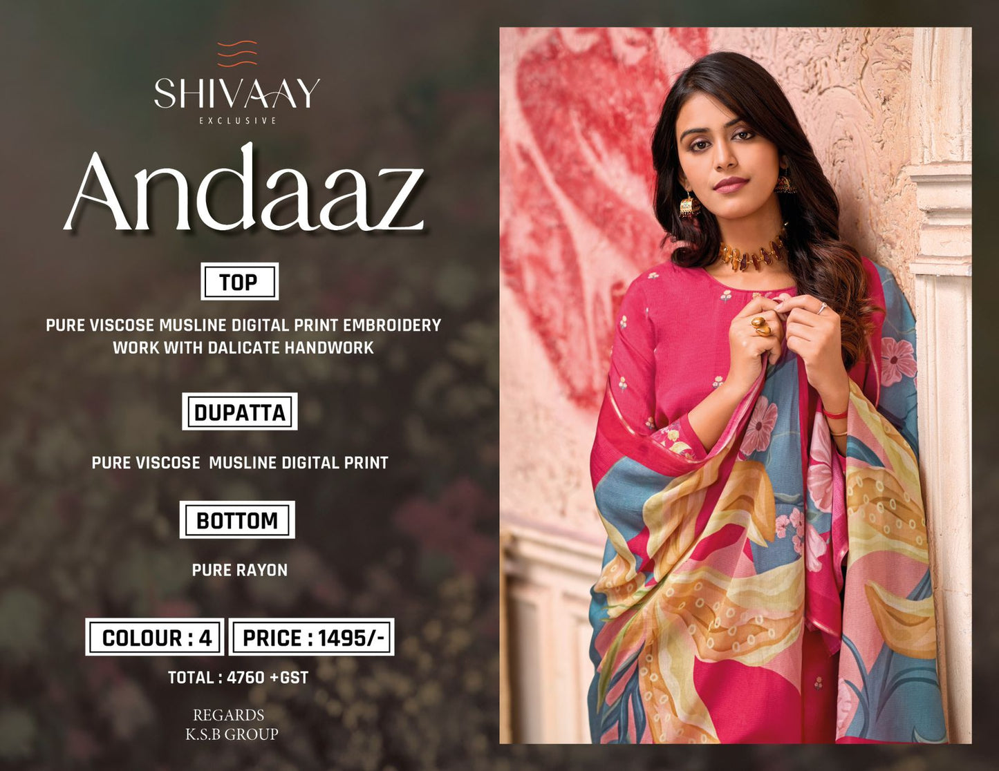 Andaaz Shivaay Viscose Muslin Pant Style Suits Wholesale Price