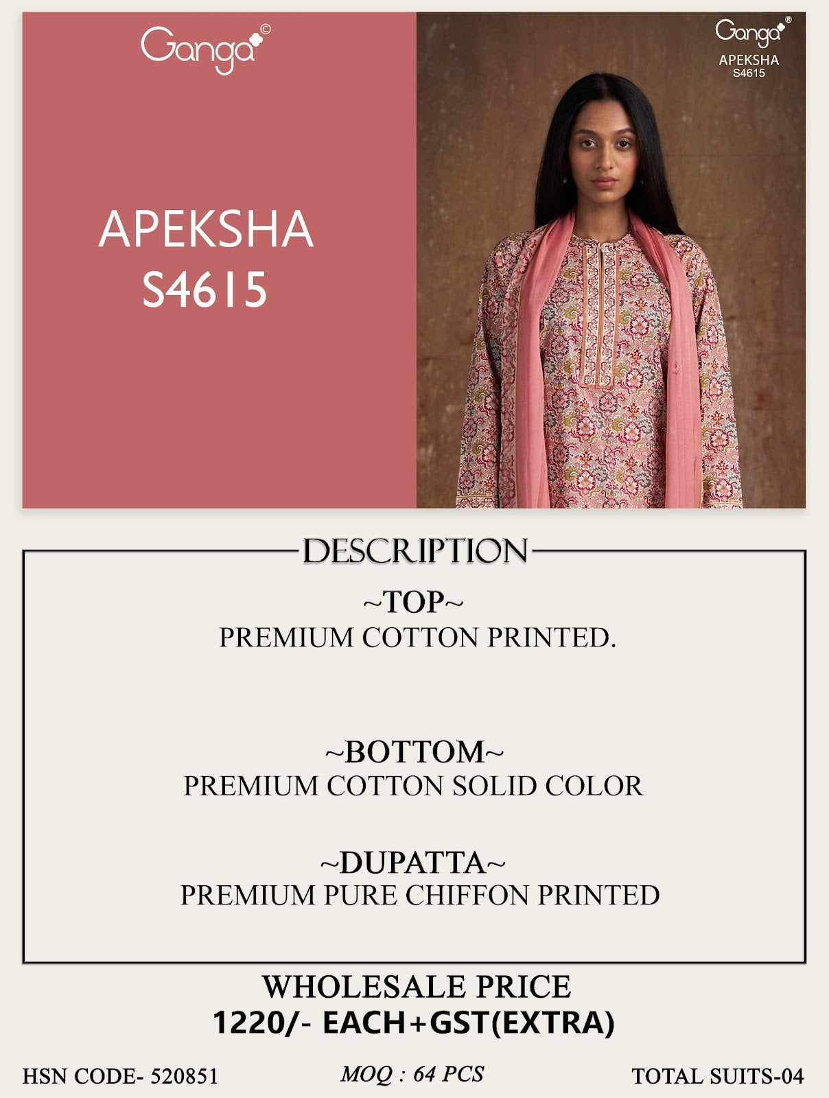 Apeksha S4615 Ganga Cotton Pant Style Suits Wholesaler Ahmedabad