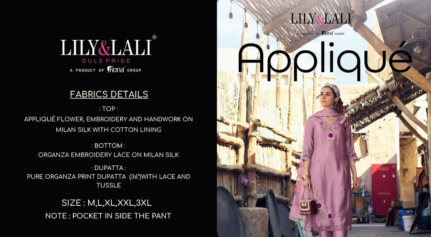 Applique Lily Lali Milan Silk Readymade Pant Style Suits