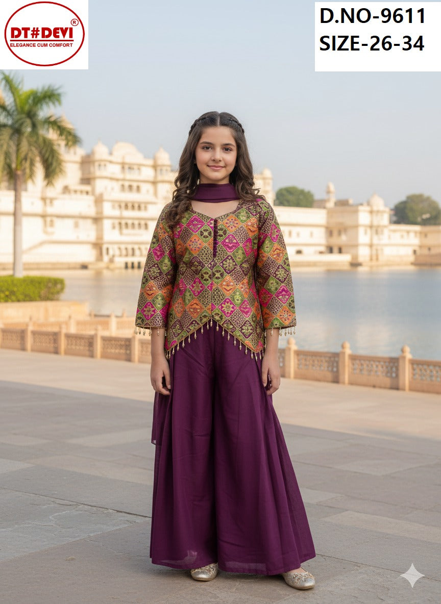 Aryaa Vol 2 9611 Dt Devi Georgette Girls Readymade Palazzo Suits Exporter Gujarat