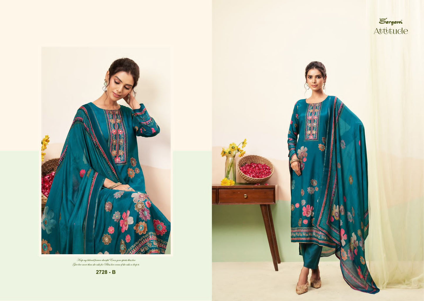 Attitude Sargam Prints Pure Bemberg Muslin Pant Style Suits Wholesaler