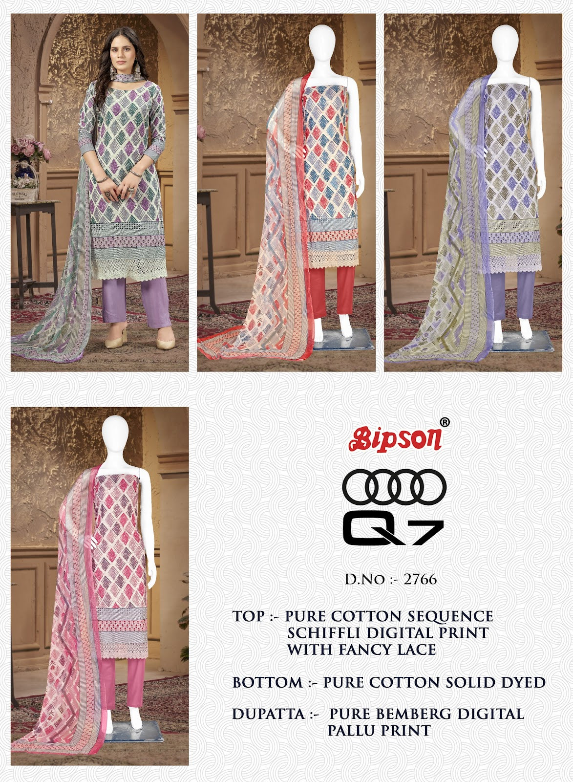 Audi Q7 - 2766 Bipson Prints Cotton Schiffli Pant Style Suits Wholesaler