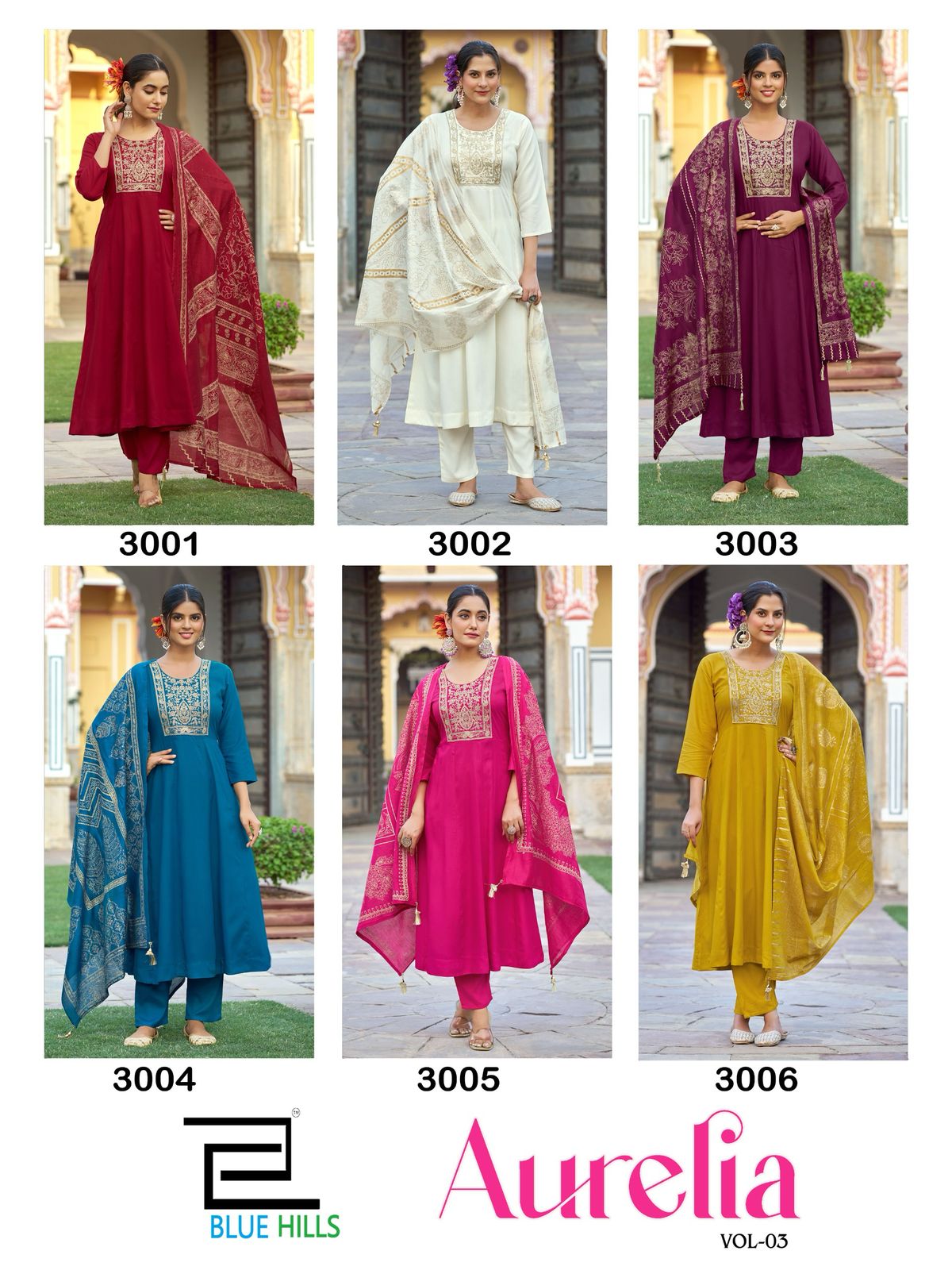 Aurelia Vol 3 Blue Hills Rayon 14Kg Readymade Anarkali Suits Wholesaler Ahmedabad