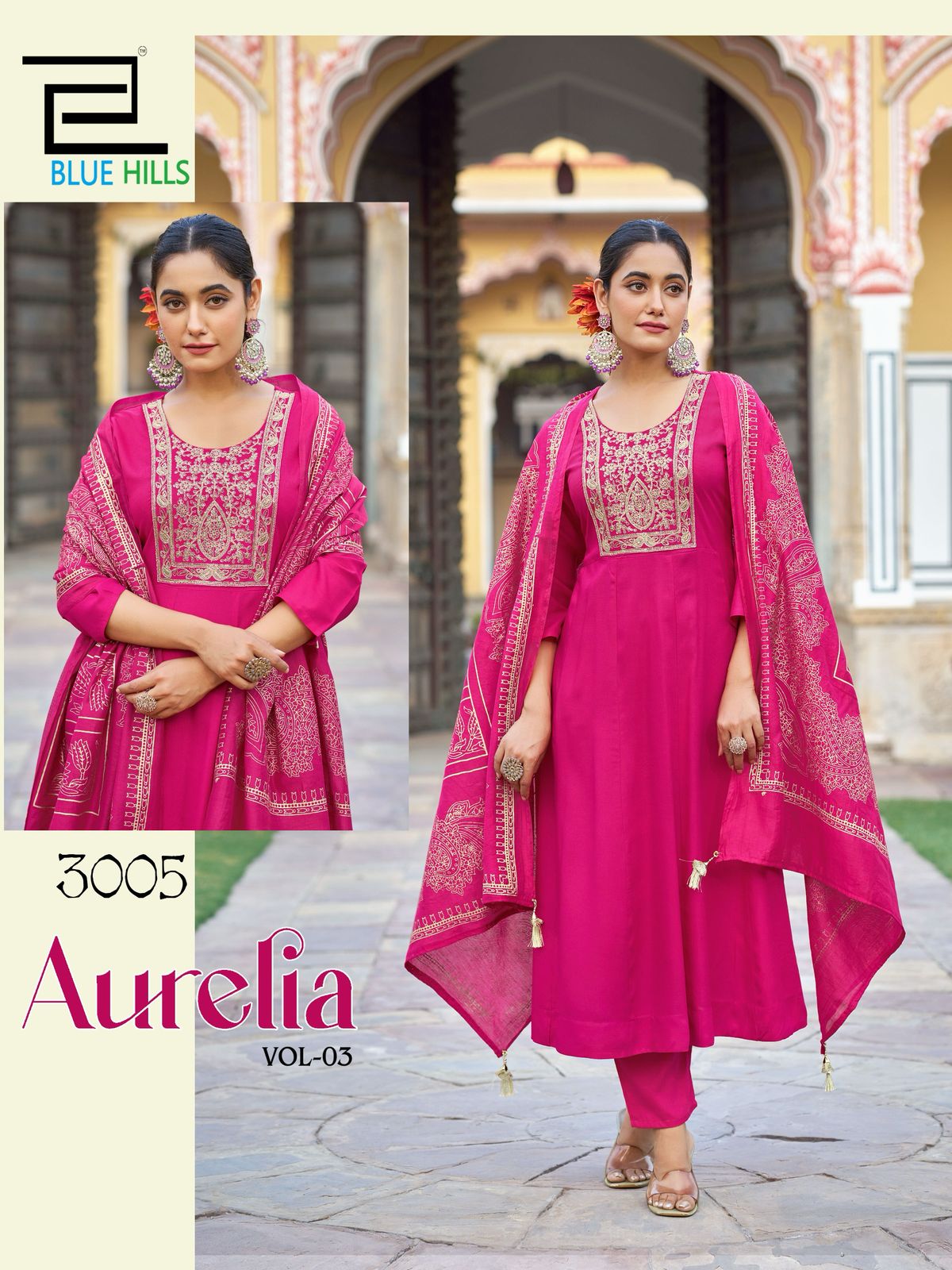 Aurelia Vol 3 Blue Hills Rayon 14Kg Readymade Anarkali Suits Wholesaler Ahmedabad