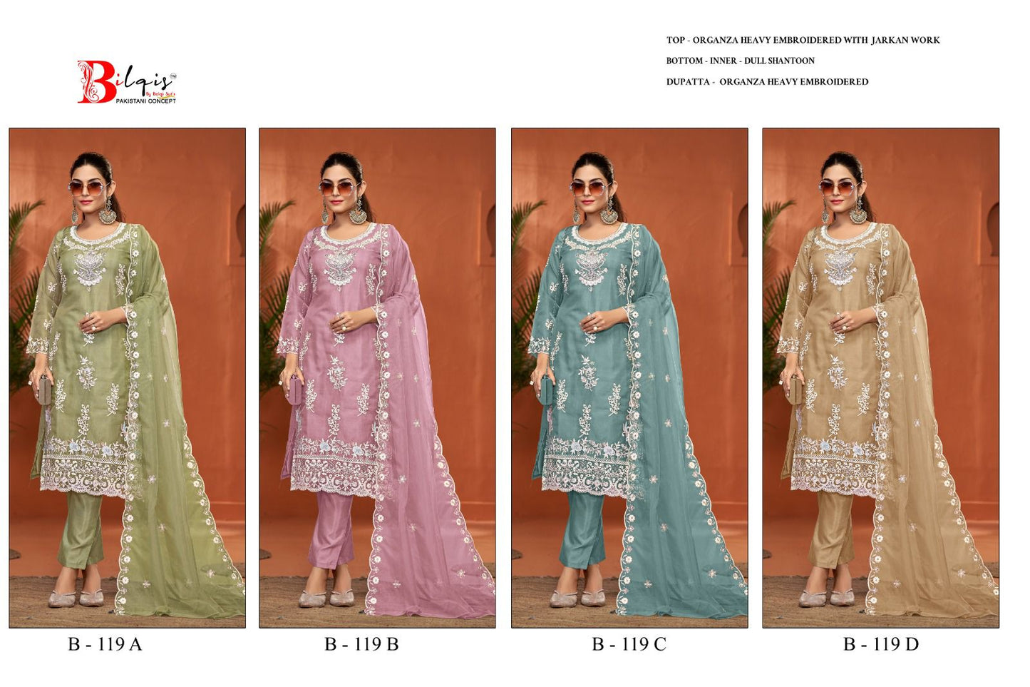 B 119 Bilqis Organza Pakistani Salwar Suits Supplier India