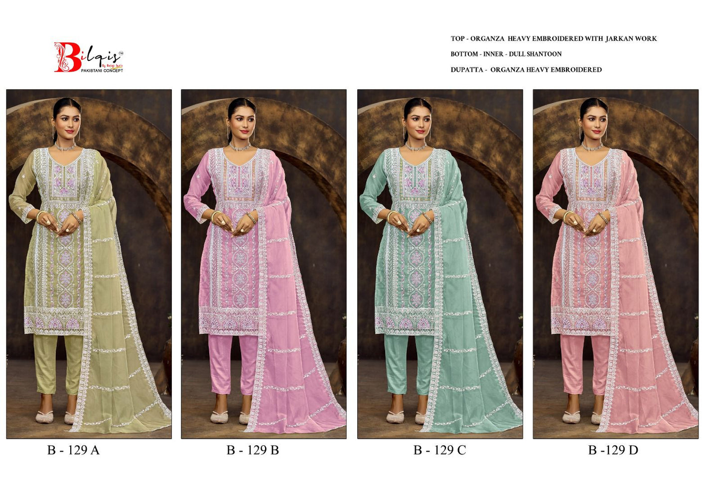 B 129 Bilqis Organza Pakistani Salwar Suits Exporter Ahmedabad