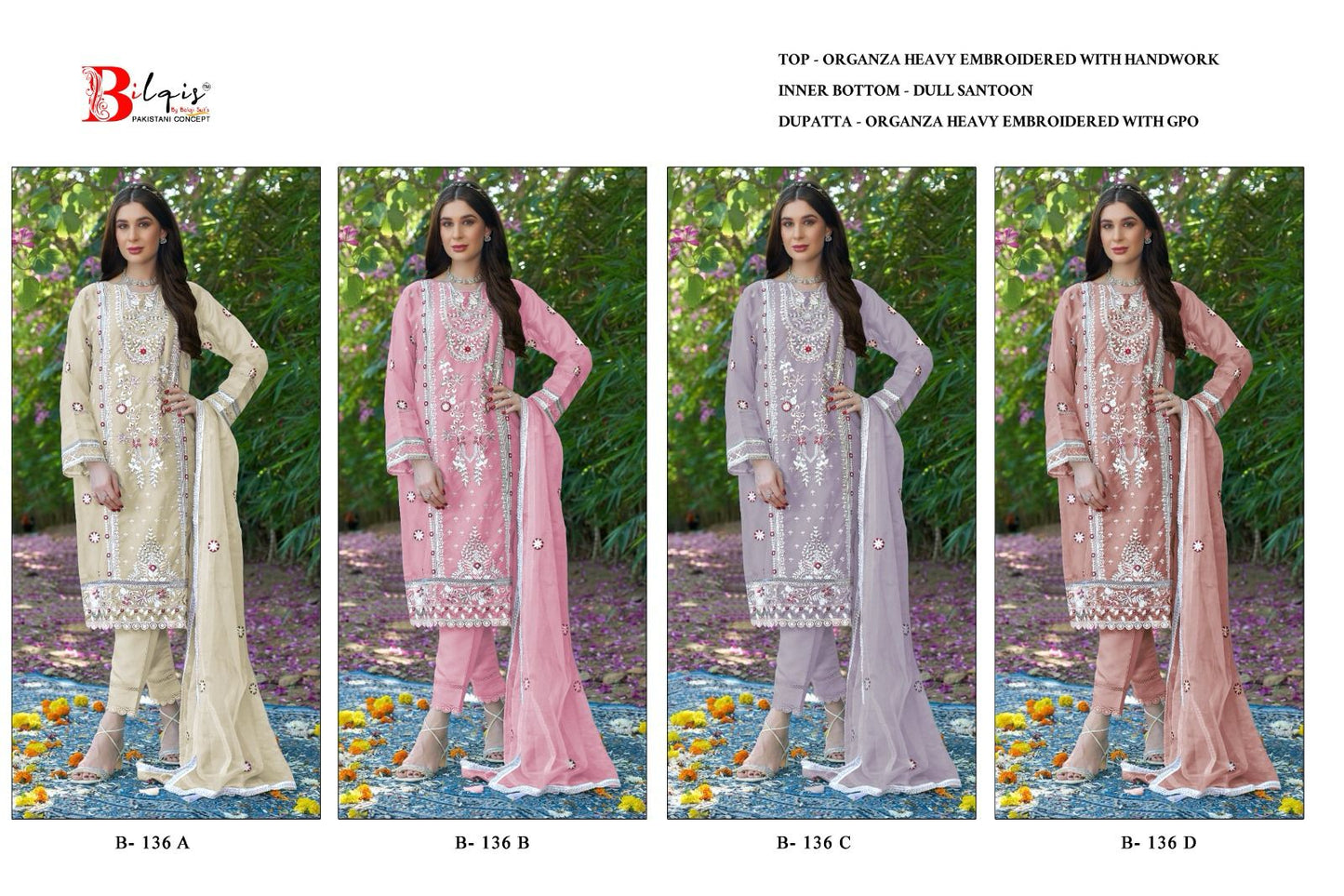 B 136 Bilqis Organza Pakistani Salwar Suits Wholesale Price