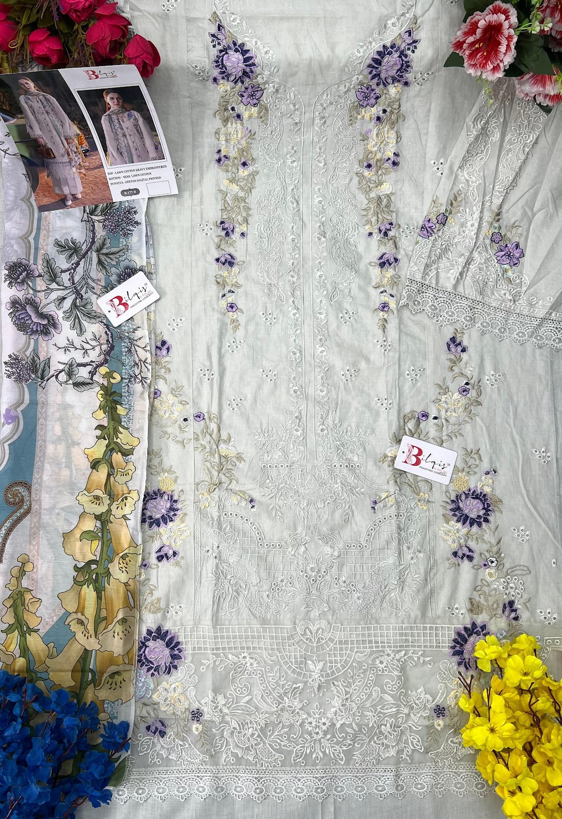 B 177 Efgh Bilqis Cambric Lawn Pakistani Salwar Suits Exporter
