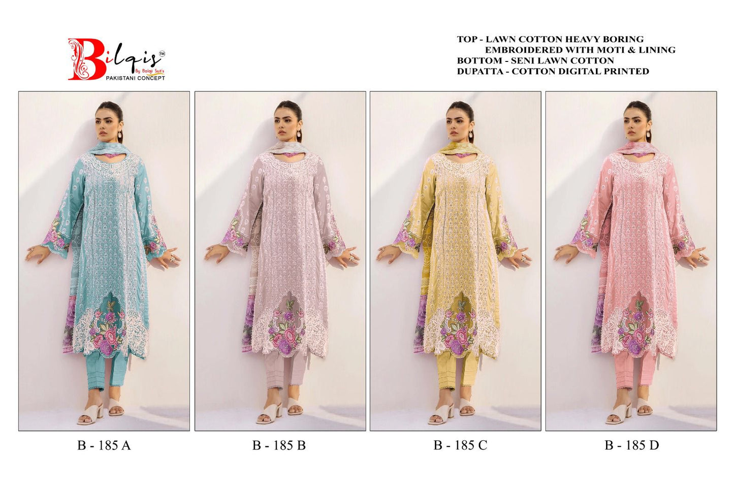 B 185 Bilqis Lawn Cotton Pakistani Salwar Suits Exporter Ahmedabad