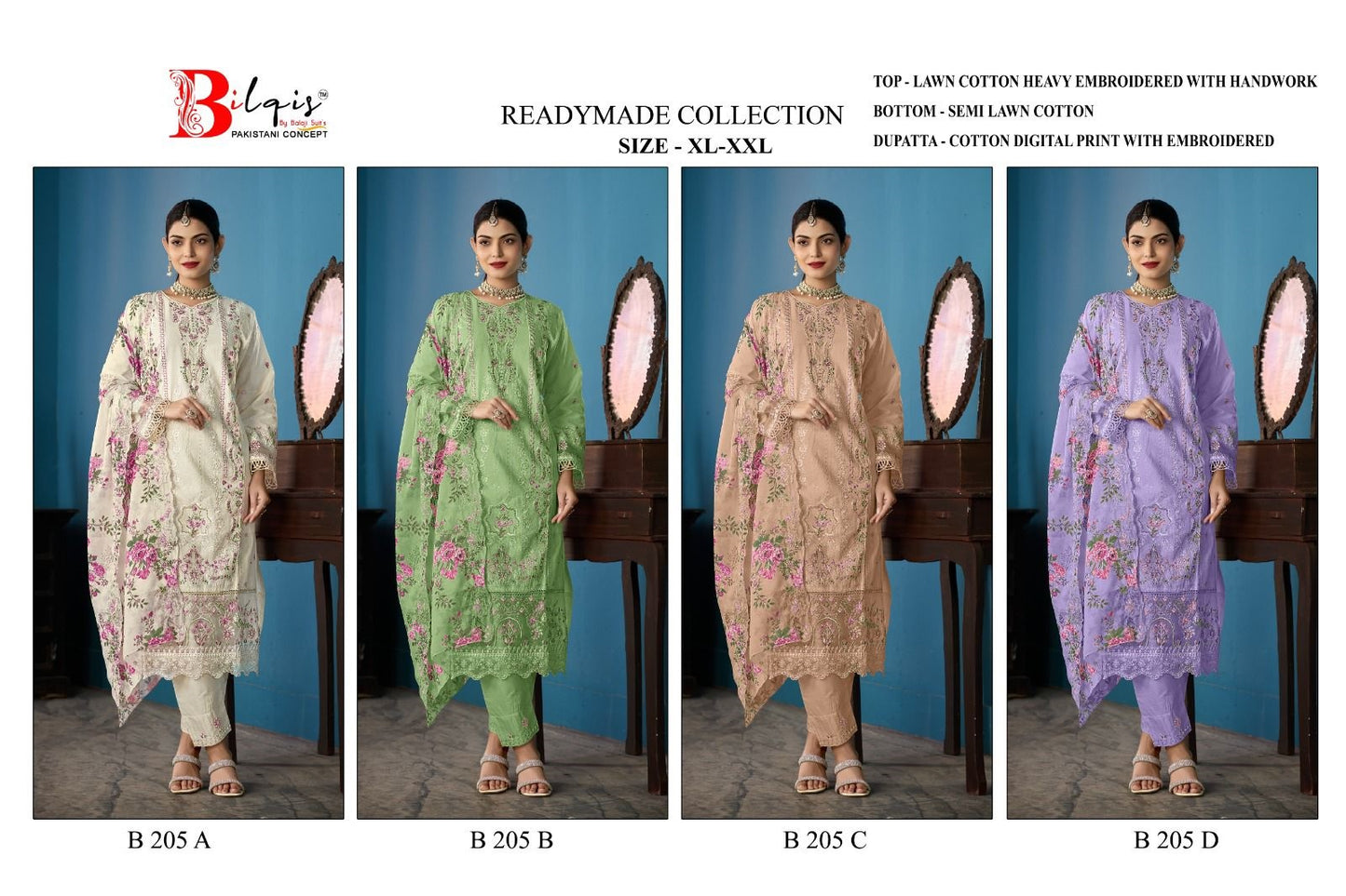 B 205 Bilqis Lawn Cotton Pakistani Readymade Suits Manufacturer India