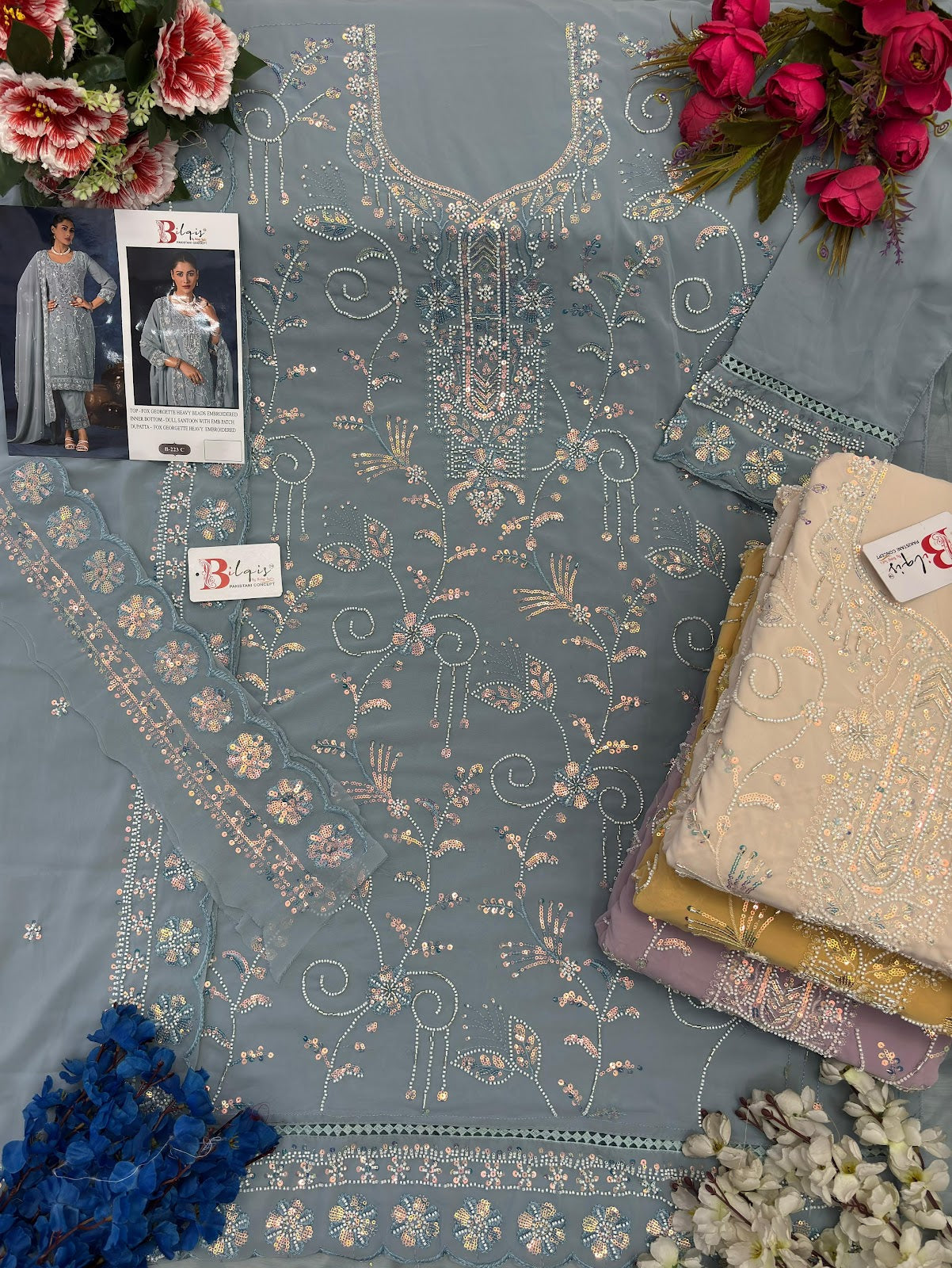 B 223 Bilqis Fox Georgette Pakistani Salwar Suits Wholesale Rate