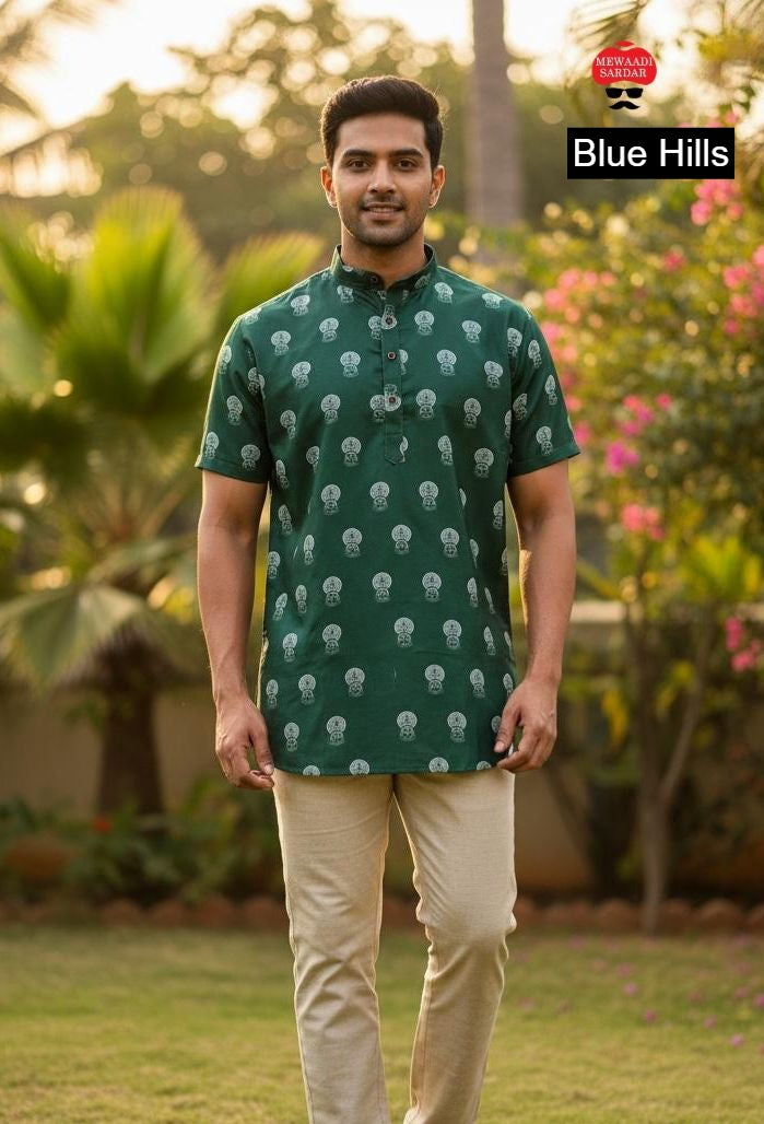 B Desi Blue Hills Cotton Mens Short Kurta Wholesaler Ahmedabad