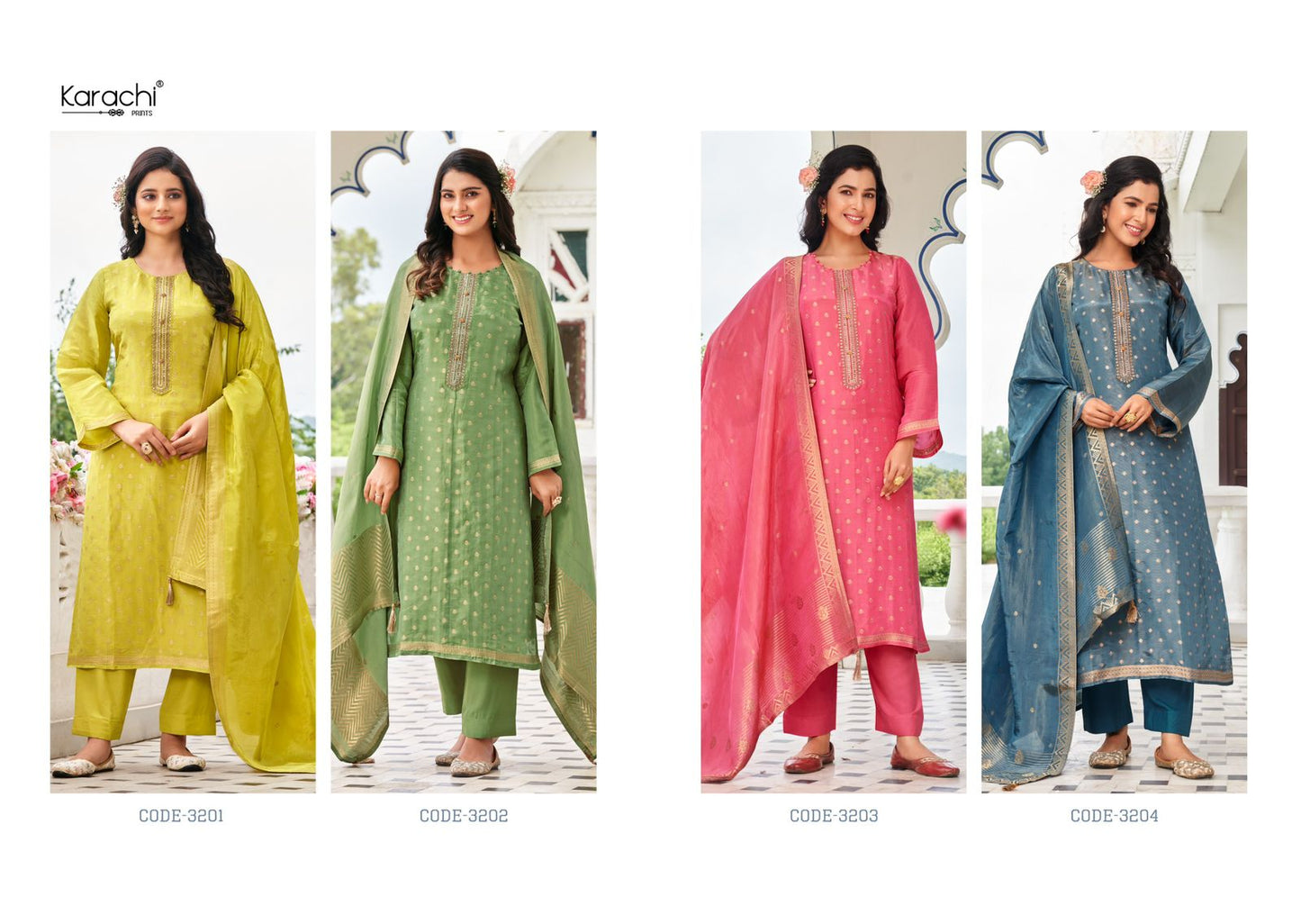 Bahaar Karachi Prints Kanjivaram Silk Pant Style Suits Exporter