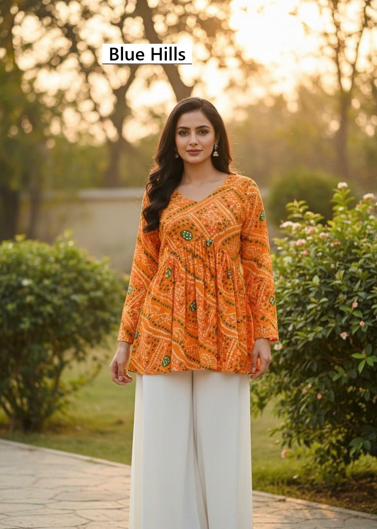 Bandhej 1802 Blue Hills Georgette Fancy Tops Manufacturer India