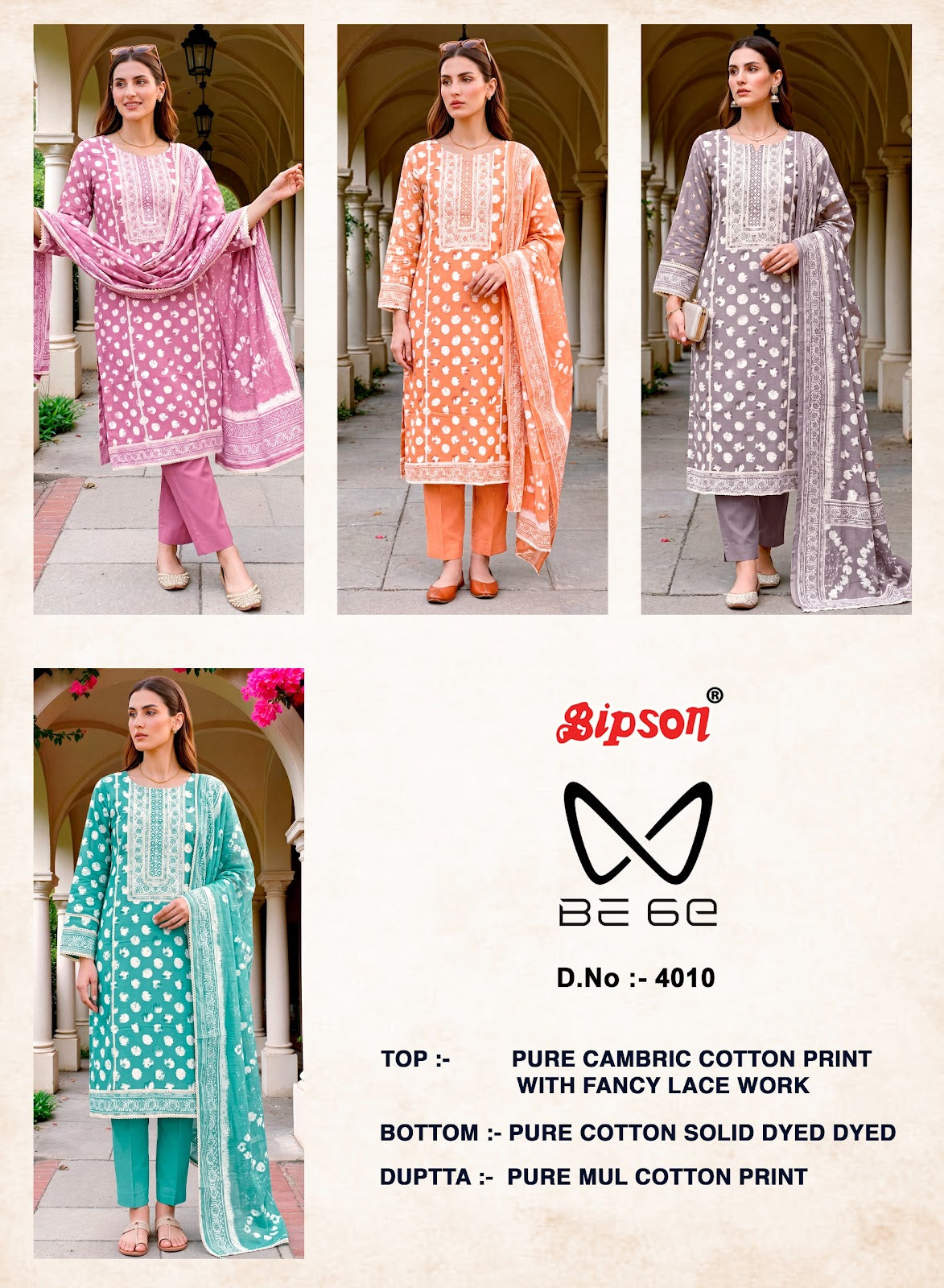 Be 6E 4009-4010-4011 Bipson Prints Cotton Pant Style Suits Exporter India