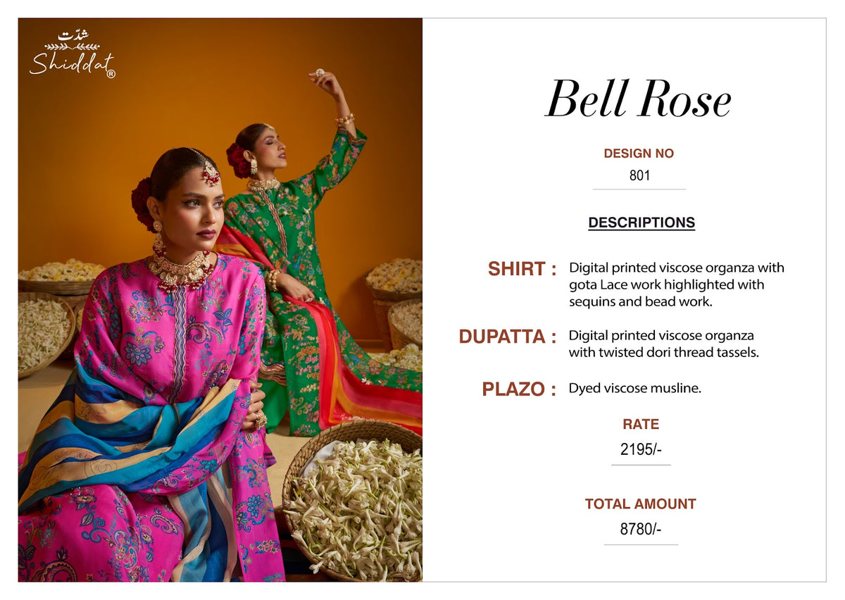 Bell Rose 801 Shiddat Viscose Organza Plazzo Style Suits Wholesale Rate