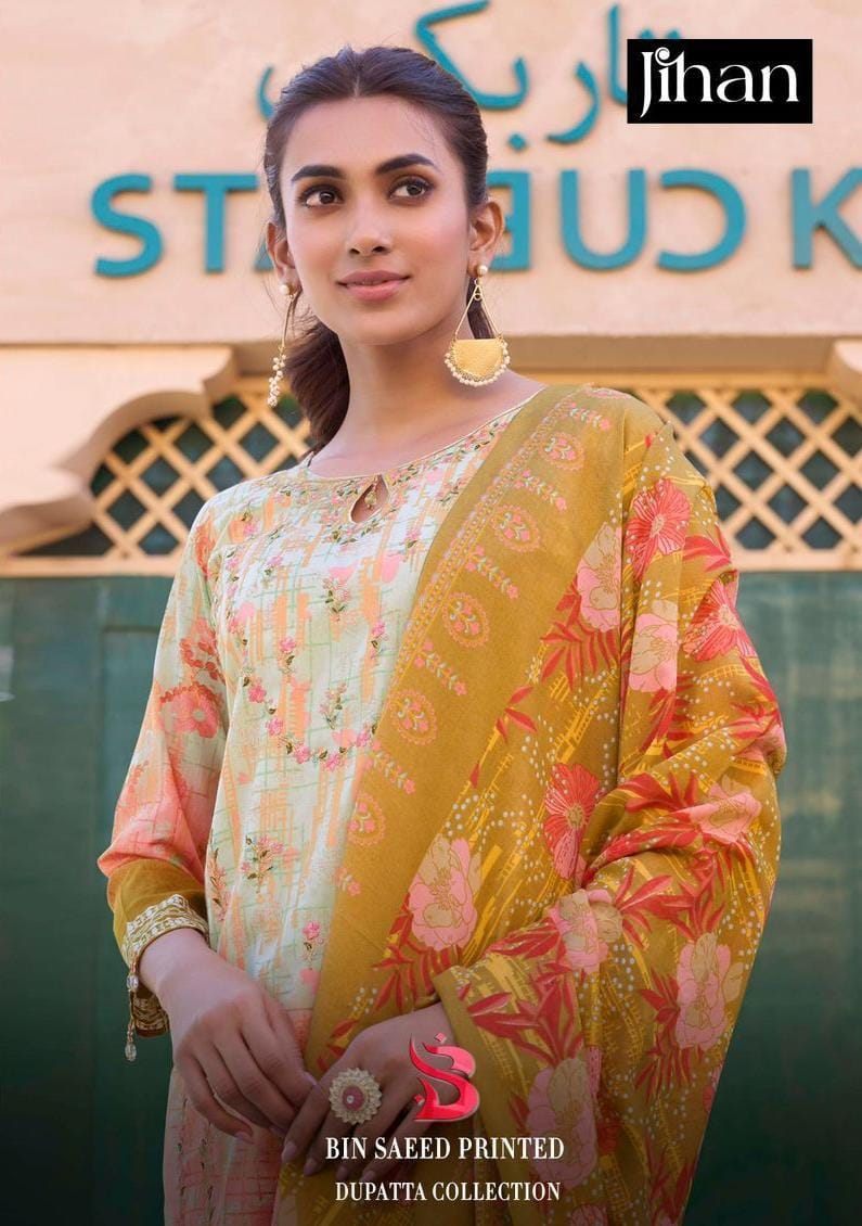 Bin Saeed Lawn Printed Dupatta Collection 3414-3415 Jihan Pure Lawn Pakistani Salwar Suits Manufacturer Gujarat