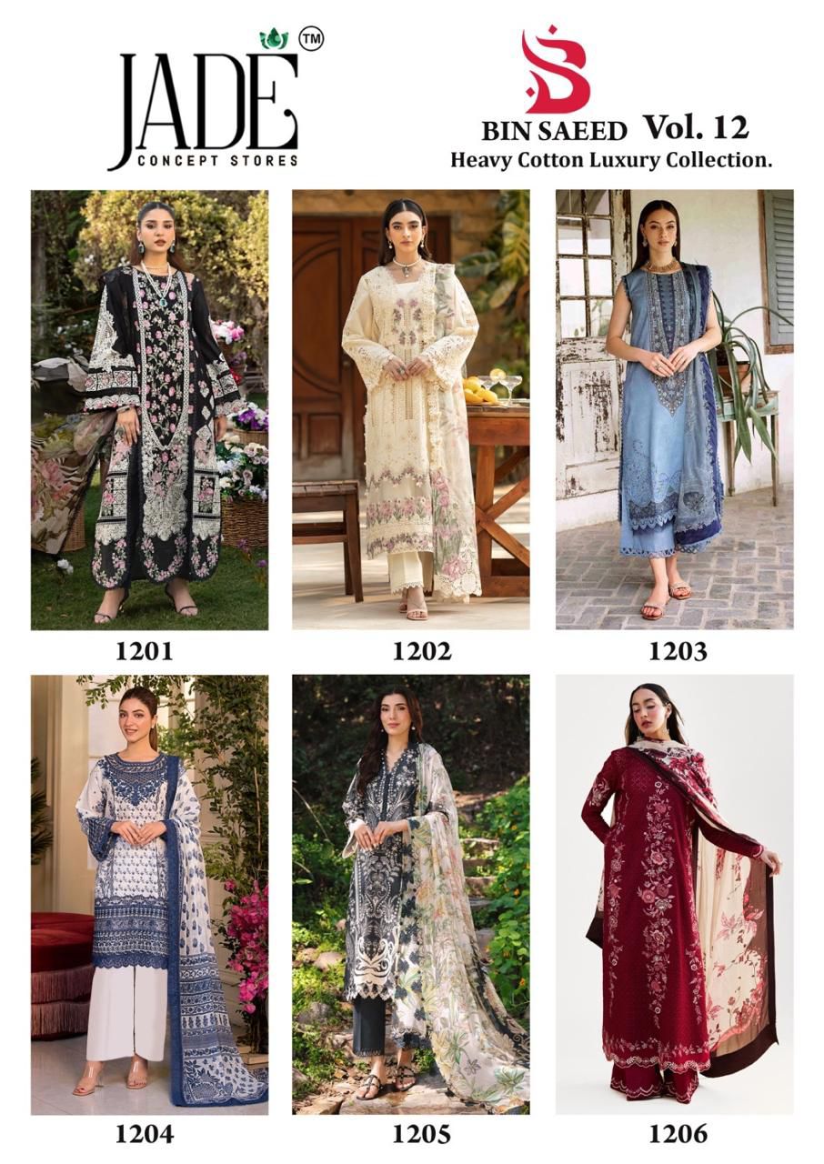 Bin Saeed Vol 12 Heavy Cotton Luxury Collection Jade Lawn Karachi Salwar Suits Exporter