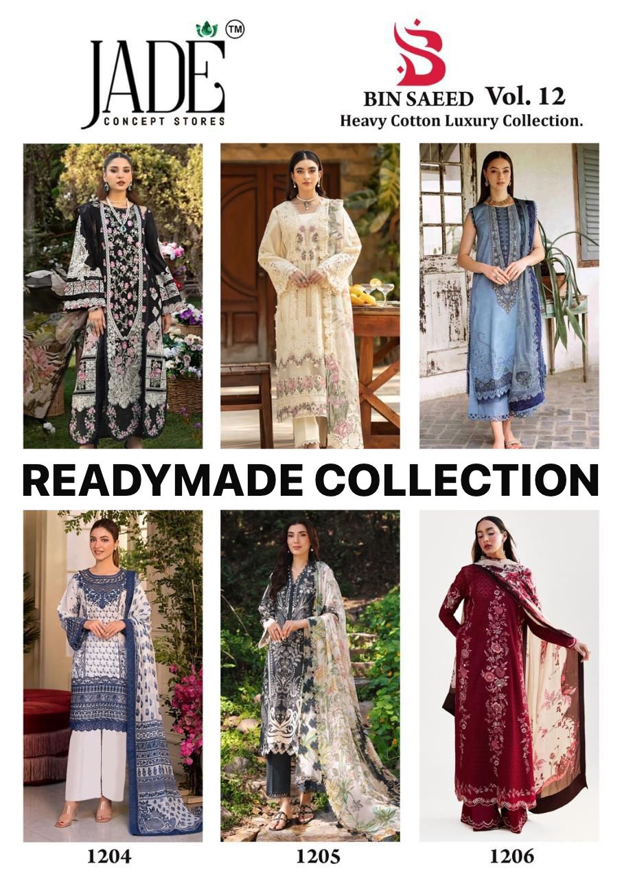 Bin Saeed Vol 12 Heavy Cotton Luxury Jade Karachi Readymade Suits Supplier Ahmedabad
