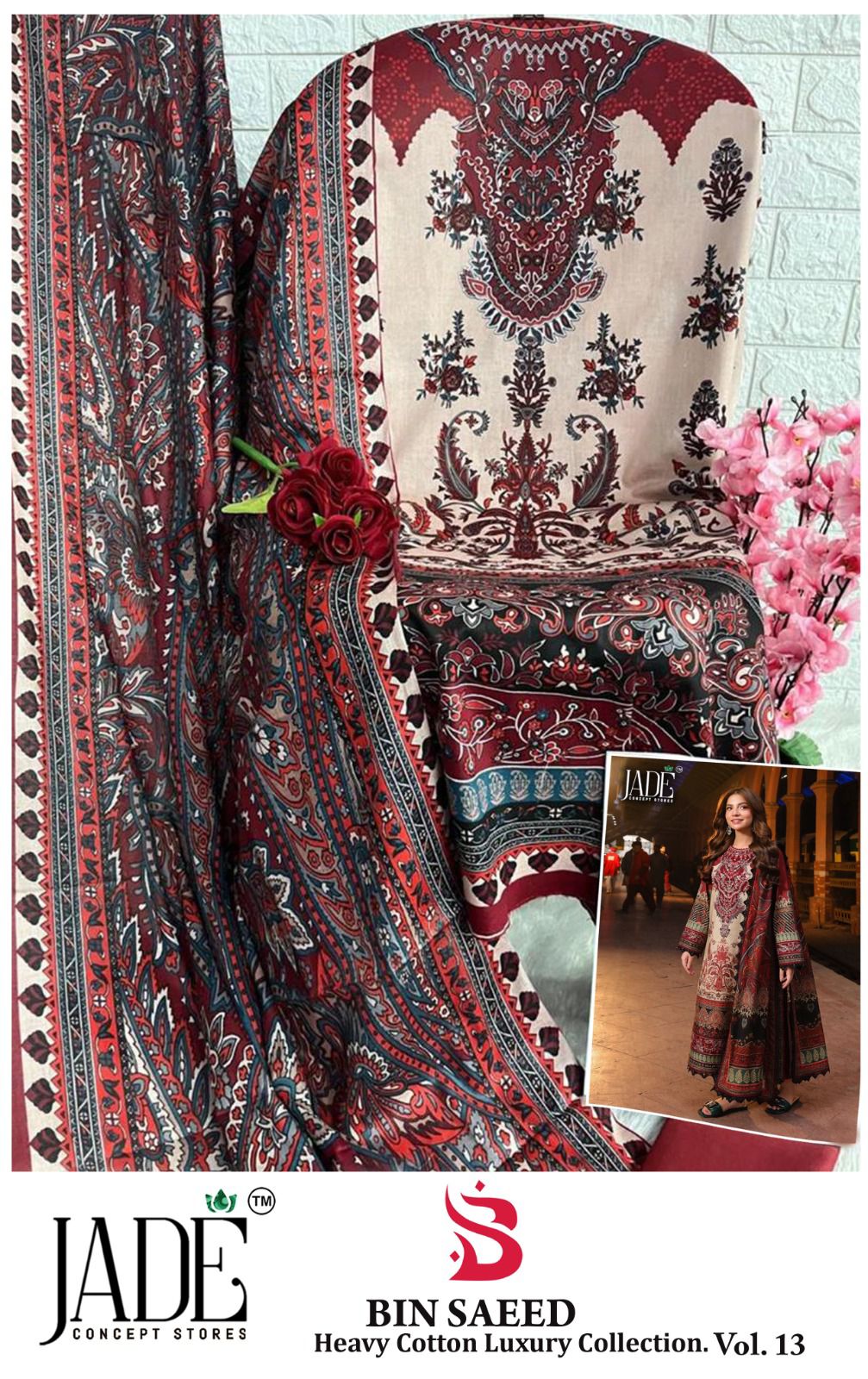 Bin Saeed Vol 13 Heavy Cotton Luxury Collection Jade Lawn Karachi Salwar Suits Wholesaler Gujarat