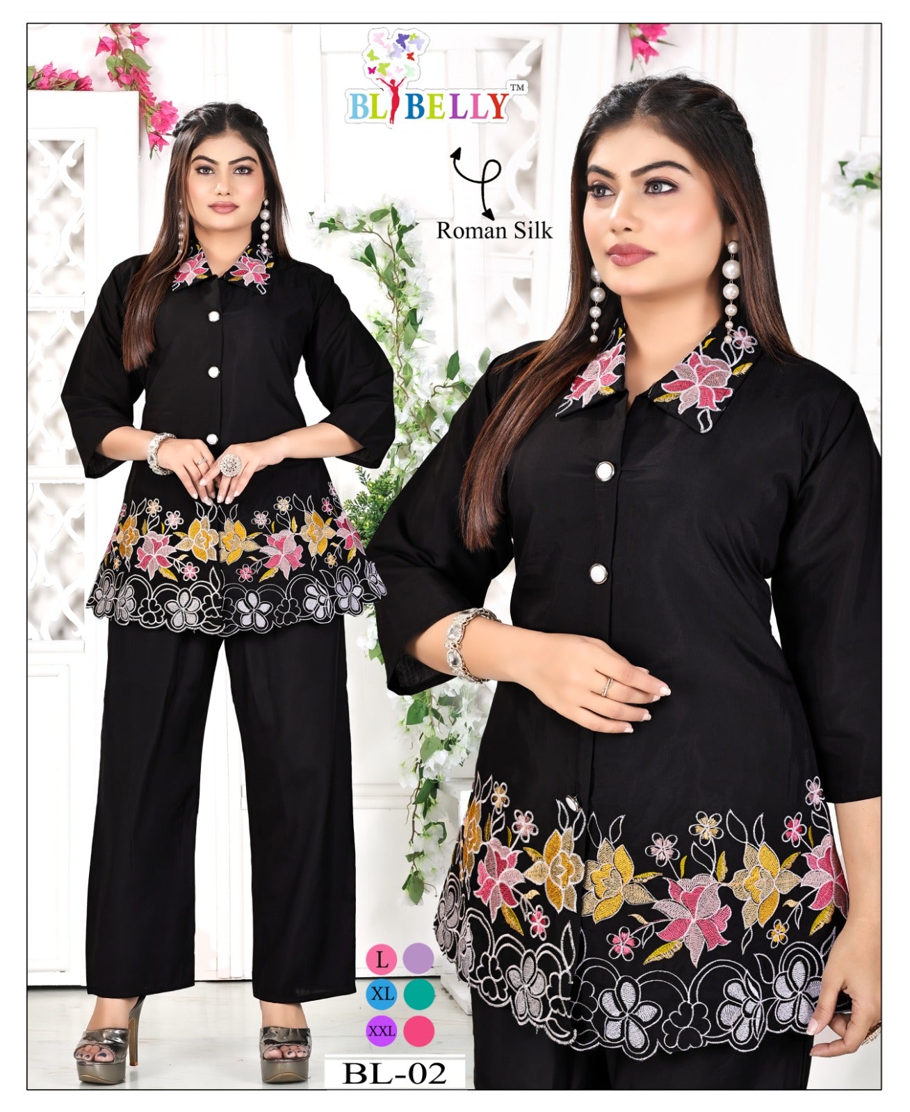 Bl 01-02 Black-White Belly Roman Silk Co Ord Set Supplier India