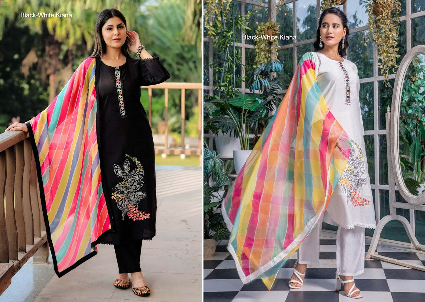 Black-White Kiana Roman Silk Readymade Pant Style Suits Supplier India