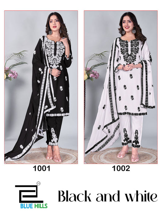 Black And White Blue Hills Rayon 14Kg Readymade Pant Style Suits Supplier Ahmedabad