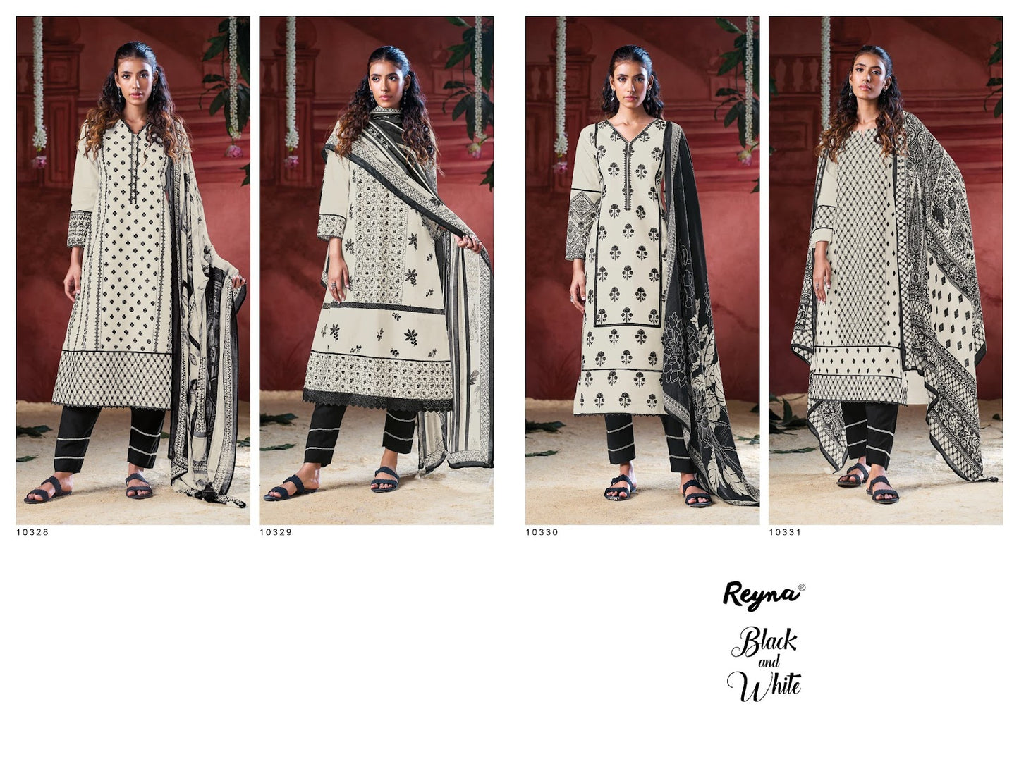 Black And White Reyna Cotton Pant Style Suits Wholesaler Ahmedabad