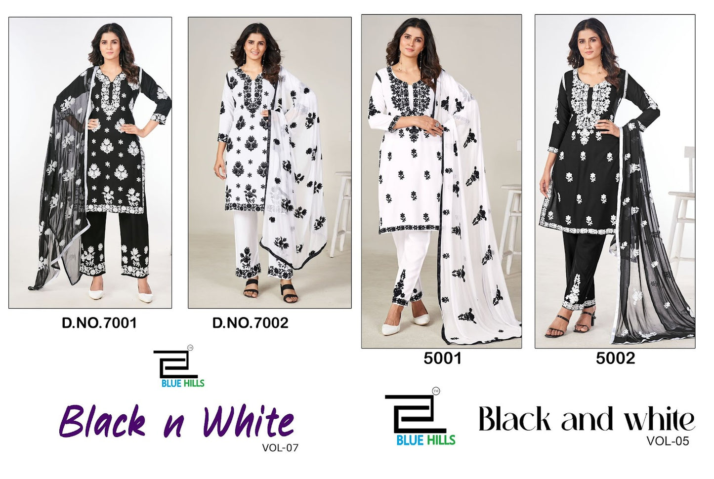 Black N White Vol 7 And 5 Blue Hills Rayon 14Kg Readymade Pant Style Suits Wholesale Price