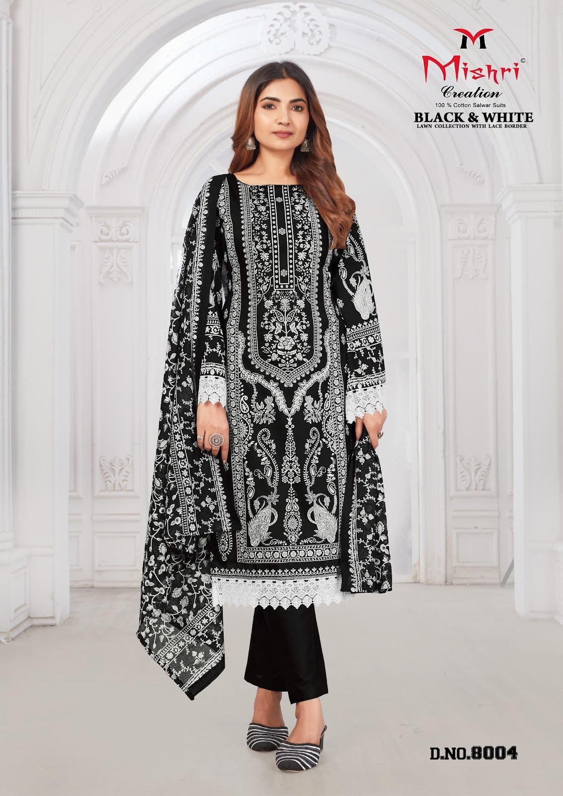 Black N White Vol 8 Lawn Collection With Lace Border Mishri Cotton Karachi Salwar Suits Exporter Gujarat