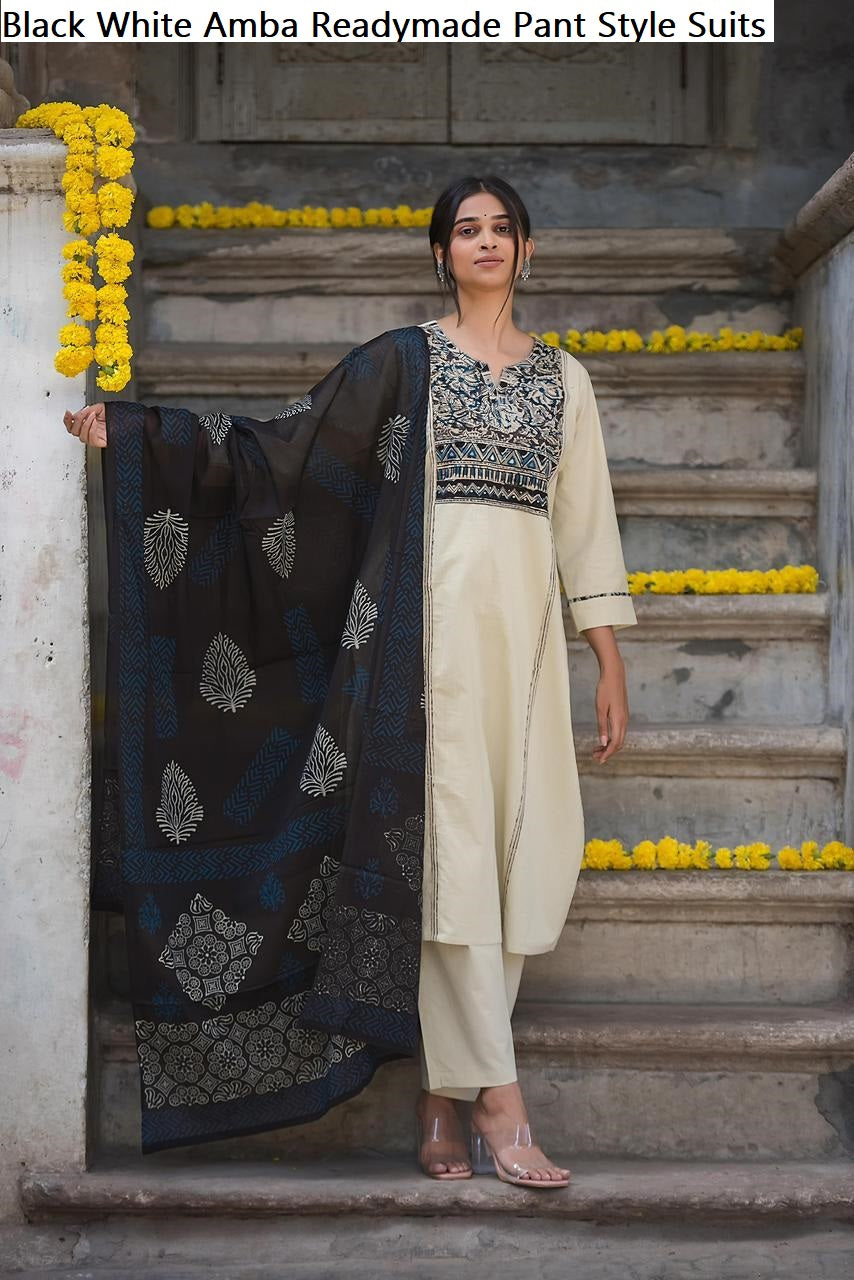 Black White Amba Pure Cotton Readymade Pant Style Suits Exporter Gujarat