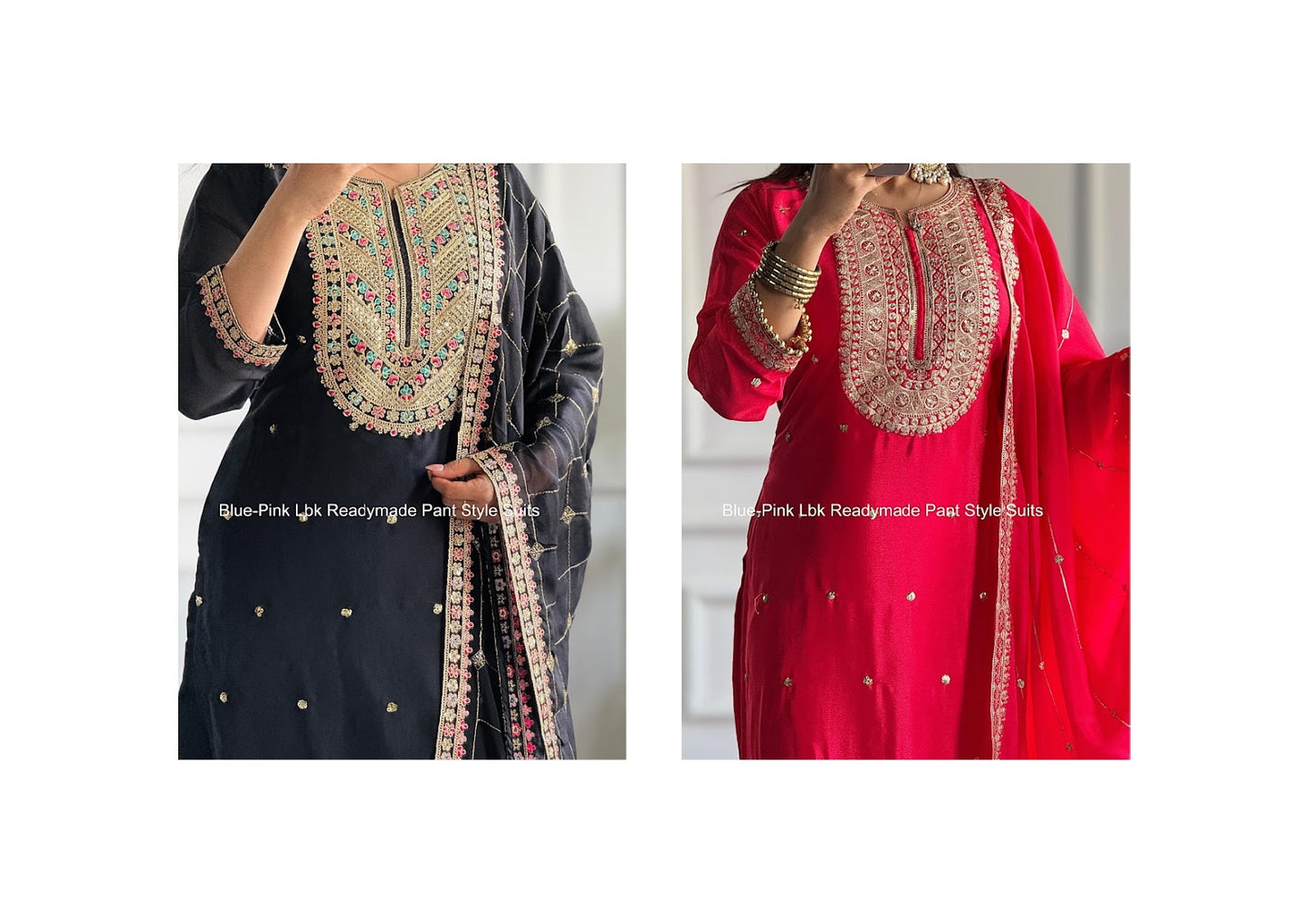 Blue-Pink Lbk Chinon Silk Readymade Pant Style Suits Manufacturer India
