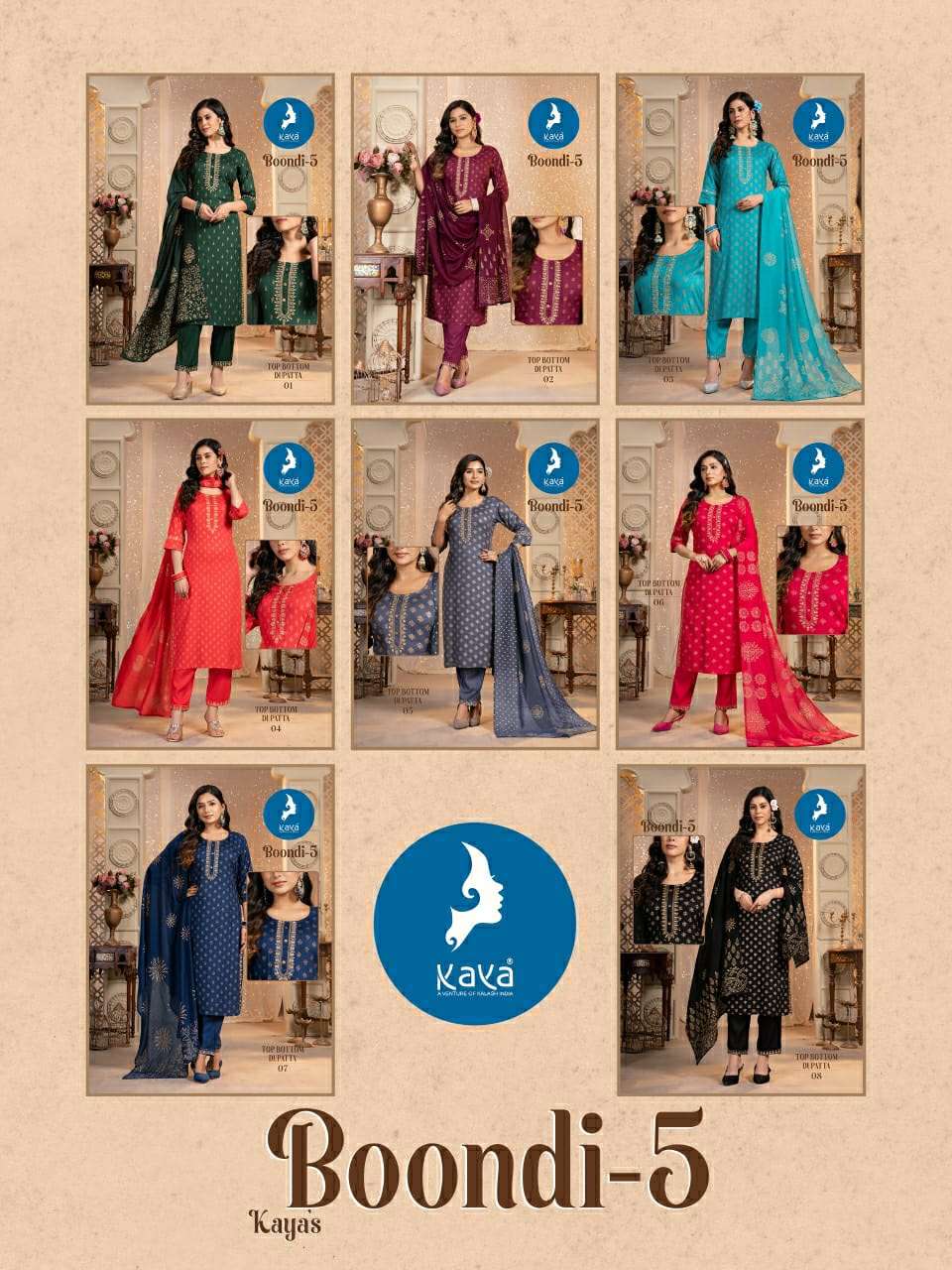 Boondi Vol 5 Kaya Reyon Readymade Pant Style Suits Supplier