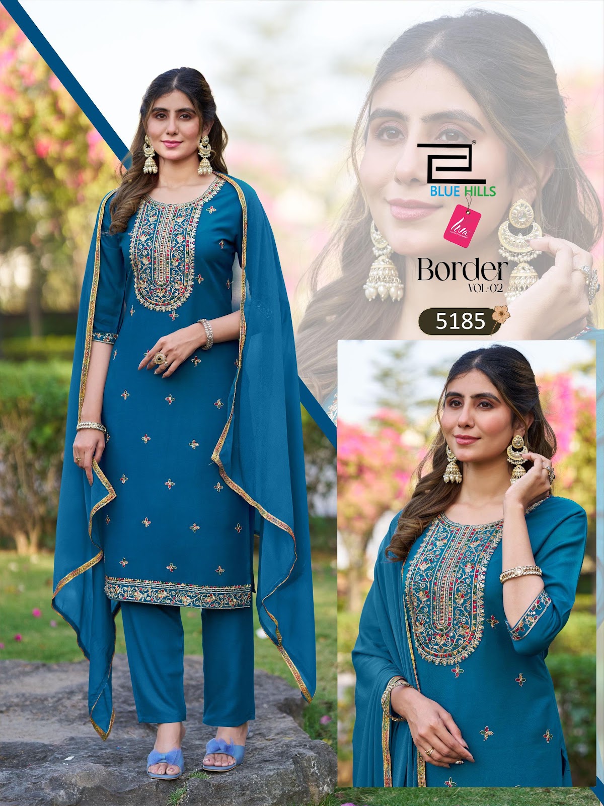 Border Vol 2 Blue Hills Liva Rayon Readymade Pant Style Suits Wholesale