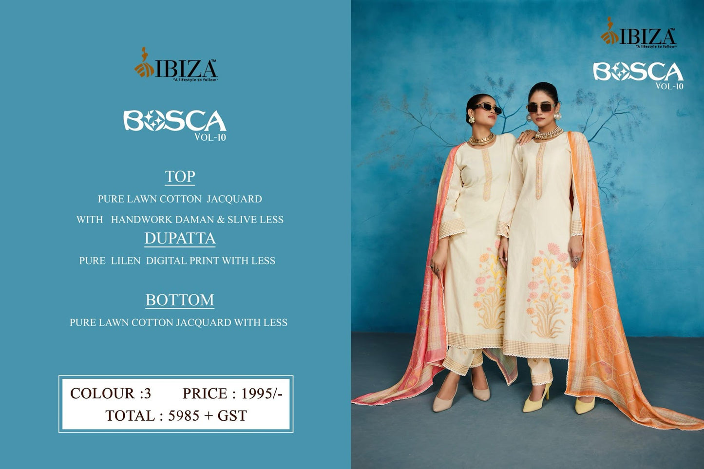 Bosco Vol 10 Ibiza Pure Lawn Pant Style Suits Exporter Gujarat