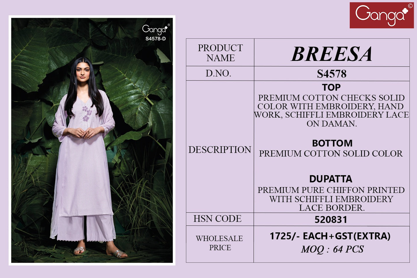 Breesa 4578 Ganga Cotton Plazzo Style Suits Wholesale