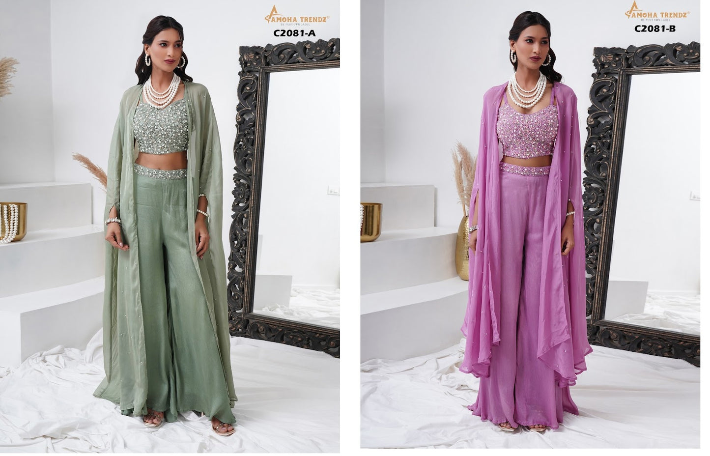 C2081 Amoha Chinon Crop Top Shurg Palazzo Set Supplier Gujarat
