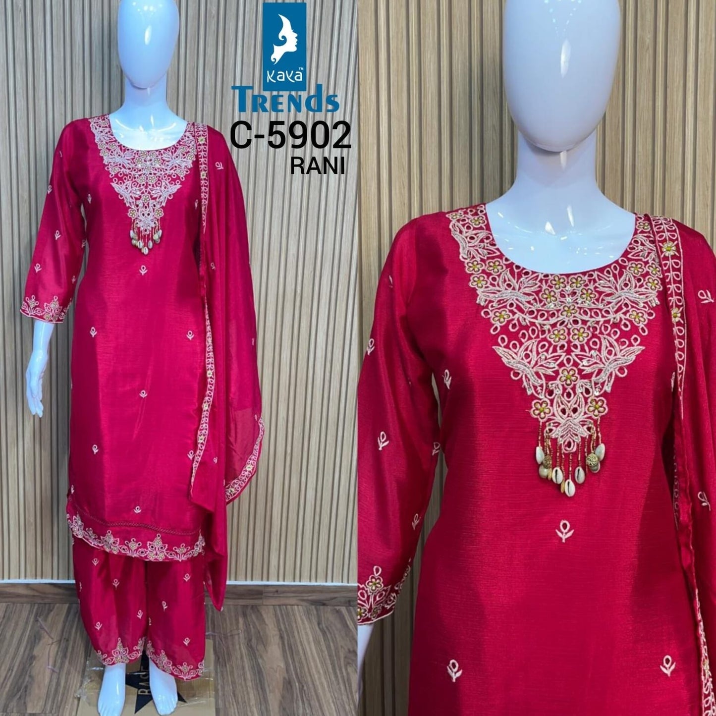 C 5902 Green-Rani-Rust Kaya Chinon Readymade Plazzo Style Suits Wholesale