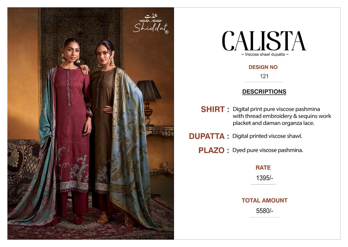 Calista 121 Shiddat Viscose Pashmina Suits Wholesale Rate