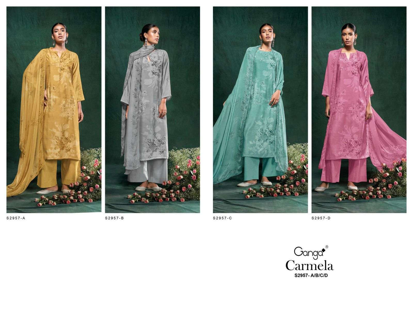 Carmela S2957 Ganga Pashmina Plazzo Style Suits Exporter Gujarat