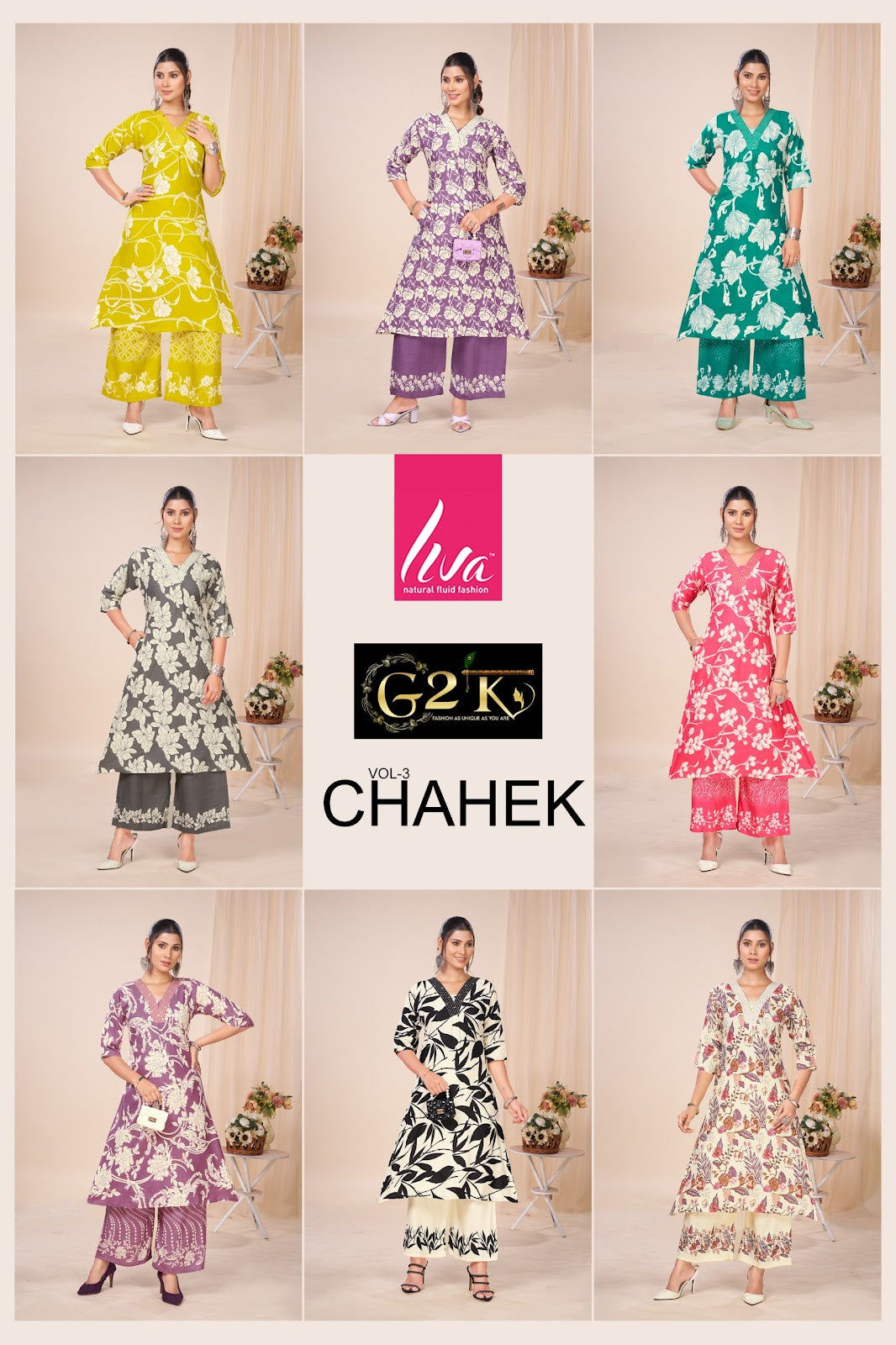 Chahek Vol 3 G2K Liva Kurti Plazzo Set Wholesale Price
