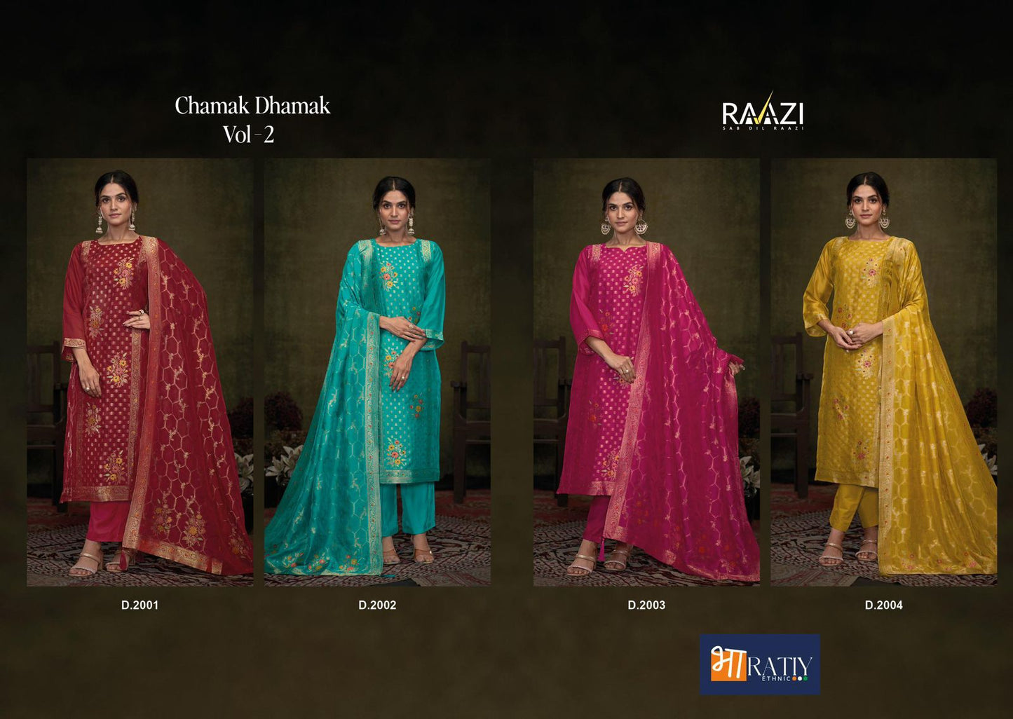 Chamak Dhamak Vol 2 Raazi Silk Jacquard Pant Style Suits Manufacturer Ahmedabad